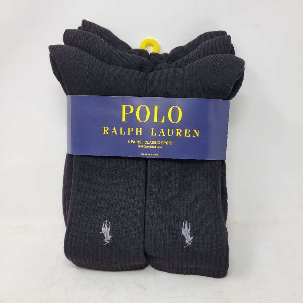 Polo Ralph Lauren Casual Crew Ribbed Sport Socks Black Silver 10-13 6-Pair Pack - Picture 2 of 4